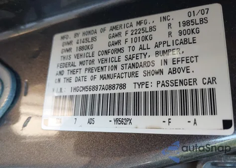 2007 Honda Accord 2.4 Ex from USA, damaged, VIN 1HGCM56897A088788